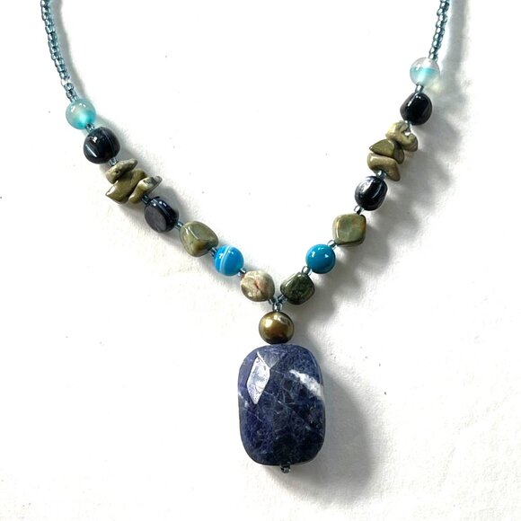 Handcrafted Beaded 18" Necklace With Blue Gemstone Pendant & Adjustable Lobster - Picture 3 of 4